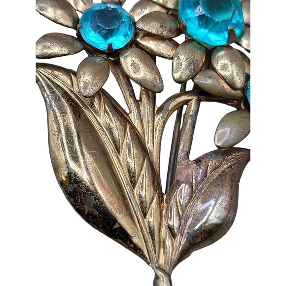 Unsigned Early Miriam Haskell Flower Brooch Floral Bunch Blue Rhinestones - Picture 10 of 13